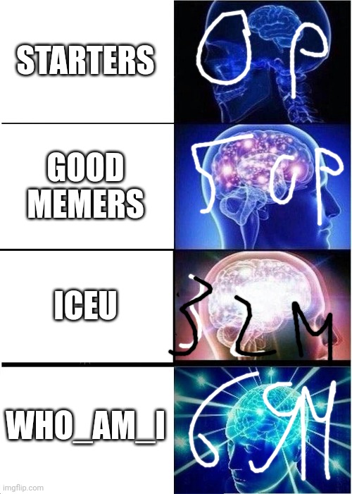 Yes | STARTERS; GOOD MEMERS; ICEU; WHO_AM_I | image tagged in memes,expanding brain | made w/ Imgflip meme maker