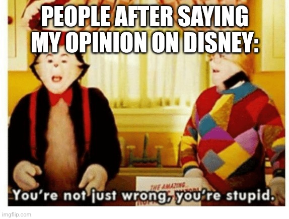 For some reason, I just don't like it! | PEOPLE AFTER SAYING MY OPINION ON DISNEY: | image tagged in you're not just wrong your stupid,true story | made w/ Imgflip meme maker
