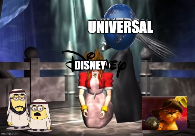 universal killed disney | UNIVERSAL; DISNEY | image tagged in aerith death,disney,universal studios,disney killed star wars,universal,dreamworks | made w/ Imgflip meme maker