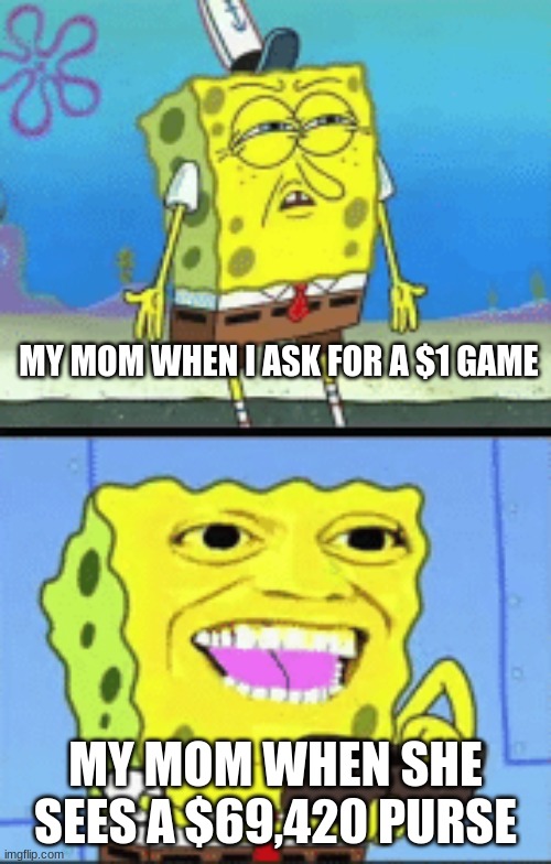 moms be like | MY MOM WHEN I ASK FOR A $1 GAME; MY MOM WHEN SHE SEES A $69,420 PURSE | image tagged in spongebob money,mom | made w/ Imgflip meme maker