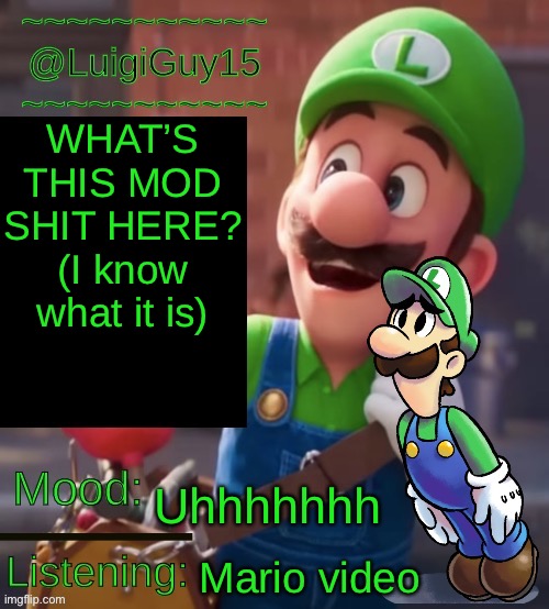 @LuigiGuy15’s Template | WHAT’S THIS MOD SHIT HERE? (I know what it is); Uhhhhhhh; Mario video | image tagged in luigiguy15 s template | made w/ Imgflip meme maker