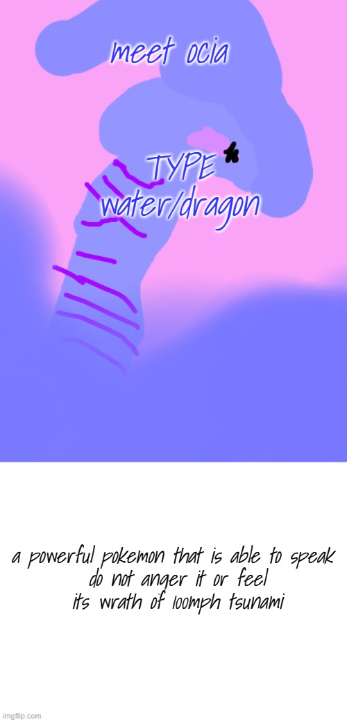 meet ocia; TYPE
water/dragon; a powerful pokemon that is able to speak 

do not anger it or feel its wrath of 100mph tsunami | image tagged in blank white template | made w/ Imgflip meme maker