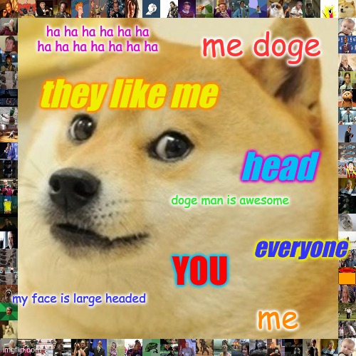 Doge | ha ha ha ha ha ha ha ha ha ha ha ha ha; me doge; they like me; head; doge man is awesome; everyone; YOU; my face is large headed; me | image tagged in memes,doge | made w/ Imgflip meme maker