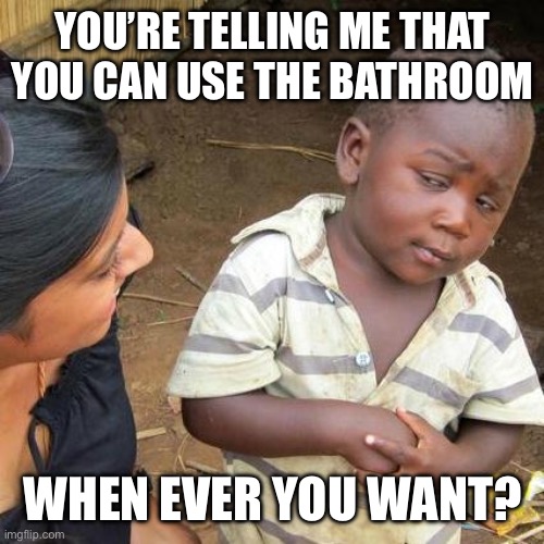 Third World Skeptical Kid | YOU’RE TELLING ME THAT YOU CAN USE THE BATHROOM; WHEN EVER YOU WANT? | image tagged in memes,third world skeptical kid | made w/ Imgflip meme maker