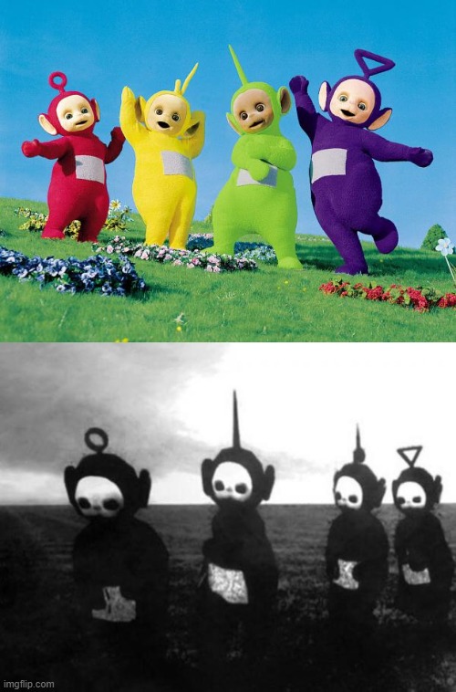 image tagged in teletubbies,teletubbies black and white | made w/ Imgflip meme maker