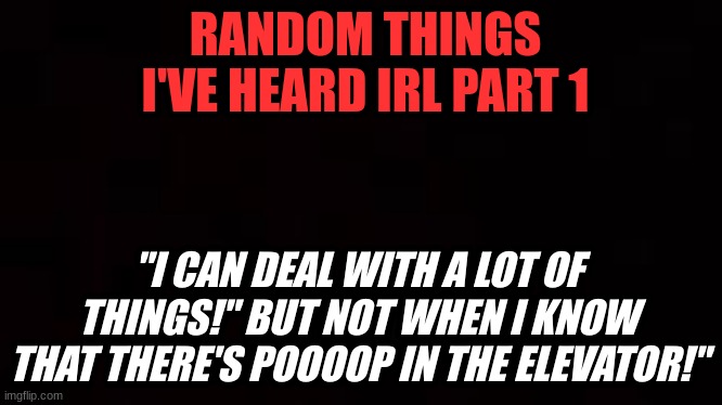 Based on a true story | RANDOM THINGS I'VE HEARD IRL PART 1; "I CAN DEAL WITH A LOT OF THINGS!" BUT NOT WHEN I KNOW THAT THERE'S POOOOP IN THE ELEVATOR!" | image tagged in random,funny,true | made w/ Imgflip meme maker