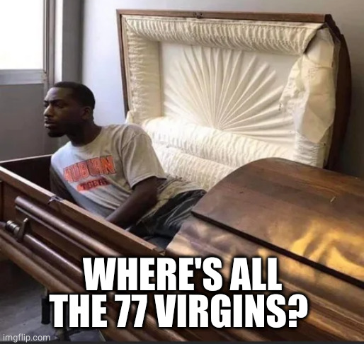 Coffin | WHERE'S ALL THE 77 VIRGINS? | image tagged in coffin | made w/ Imgflip meme maker