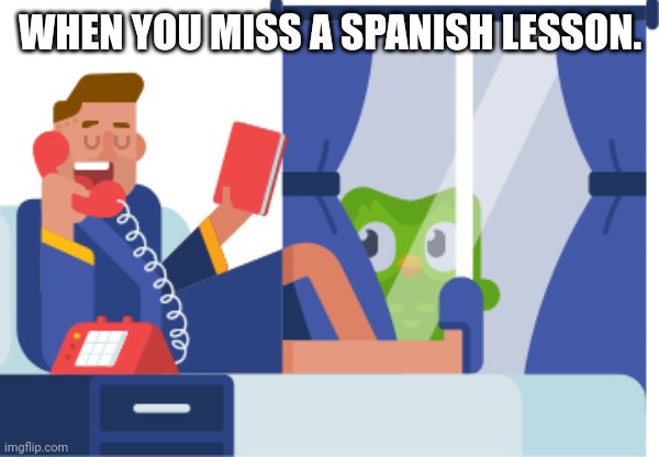 Duolingo's coming | WHEN YOU MISS A SPANISH LESSON. | image tagged in duolingo's coming | made w/ Imgflip meme maker