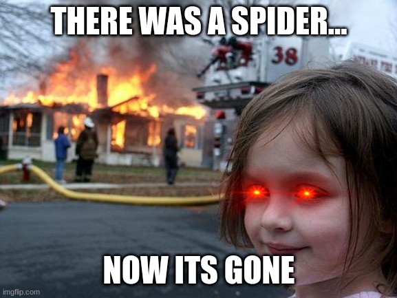 Disaster Girl Meme | THERE WAS A SPIDER... NOW ITS GONE | image tagged in memes,disaster girl | made w/ Imgflip meme maker