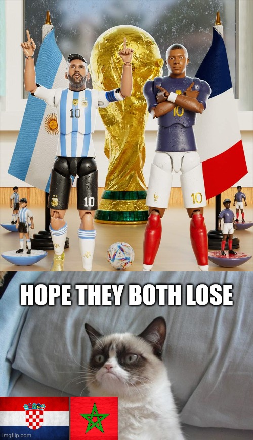 Argentina vs France, the World Cup final 2022 is SET! |  HOPE THEY BOTH LOSE | image tagged in memes,grumpy cat bed,argentina,france,futbol | made w/ Imgflip meme maker