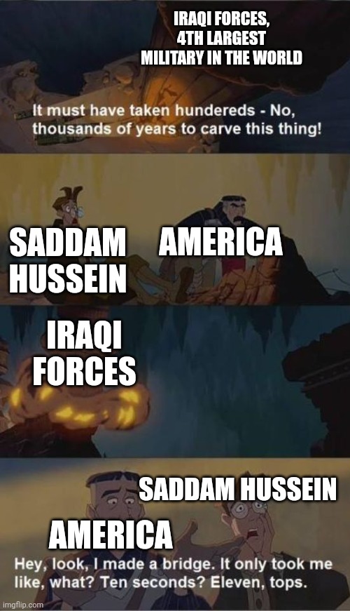 IRAQI FORCES, 4TH LARGEST MILITARY IN THE WORLD; AMERICA; SADDAM HUSSEIN; IRAQI FORCES; AMERICA; SADDAM HUSSEIN | made w/ Imgflip meme maker