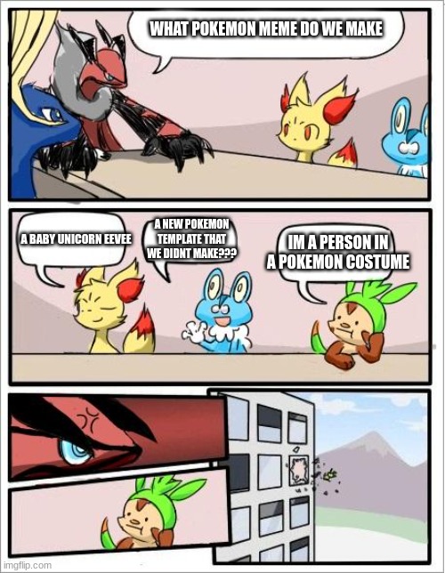 i found this template and had to use it | WHAT POKEMON MEME DO WE MAKE; A NEW POKEMON TEMPLATE THAT WE DIDNT MAKE??? IM A PERSON IN A POKEMON COSTUME; A BABY UNICORN EEVEE | image tagged in pokemon board meeting,yes | made w/ Imgflip meme maker