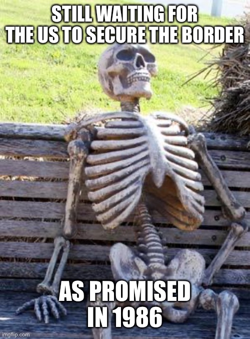 Waiting Skeleton Meme | STILL WAITING FOR THE US TO SECURE THE BORDER AS PROMISED IN 1986 | image tagged in memes,waiting skeleton | made w/ Imgflip meme maker