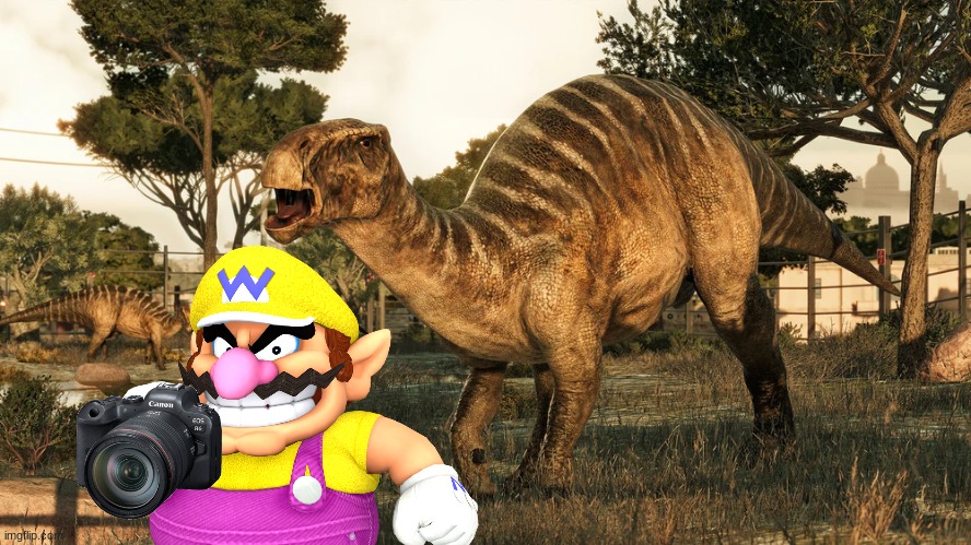 Wario dies by an iguanodon while taking pictures.mp3 | image tagged in wario dies,wario,jurassic park,jurassic world,dinosaur | made w/ Imgflip meme maker