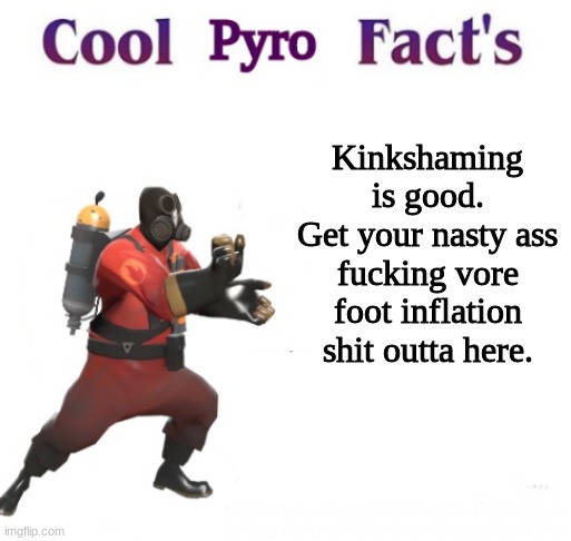 nasty asses | Kinkshaming is good.
Get your nasty ass fucking vore foot inflation shit outta here. | image tagged in cooler pyro facts | made w/ Imgflip meme maker