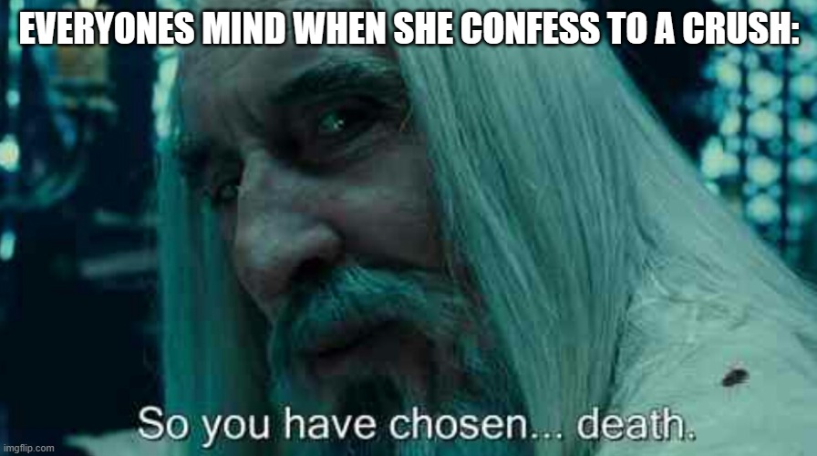 You Will Be Remembered... | EVERYONES MIND WHEN SHE CONFESS TO A CRUSH: | image tagged in so you have chosen death | made w/ Imgflip meme maker