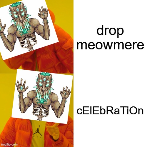 moonlord be like | drop meowmere; cElEbRaTiOn | image tagged in memes,drake hotline bling | made w/ Imgflip meme maker