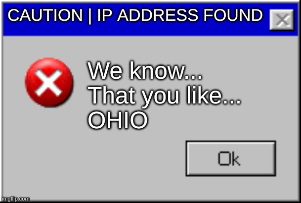 Bro Hackers are GOATED these days | CAUTION | IP ADDRESS FOUND; We know... 
That you like...
OHIO | image tagged in windows error message | made w/ Imgflip meme maker