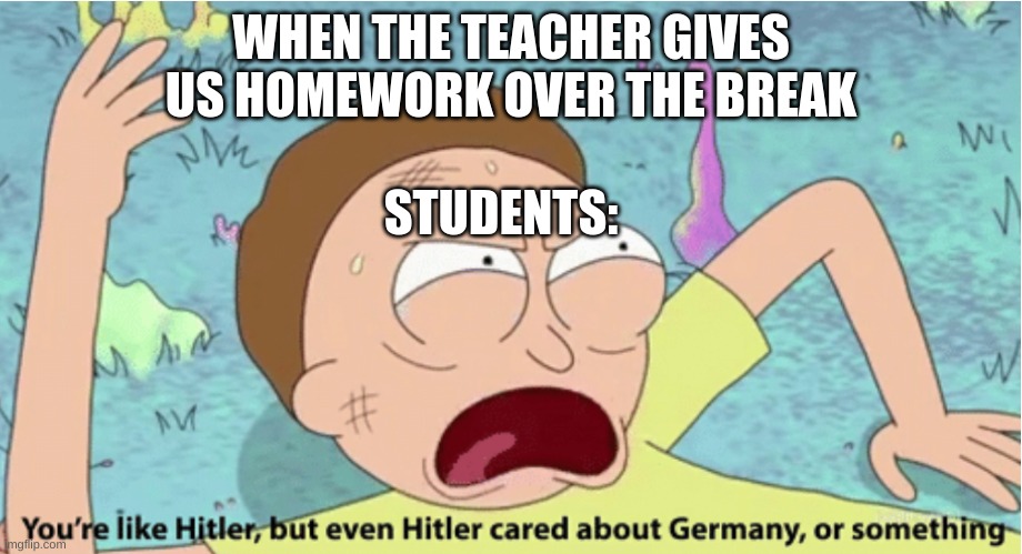 very true. | WHEN THE TEACHER GIVES US HOMEWORK OVER THE BREAK; STUDENTS: | image tagged in rick and morty hitler | made w/ Imgflip meme maker