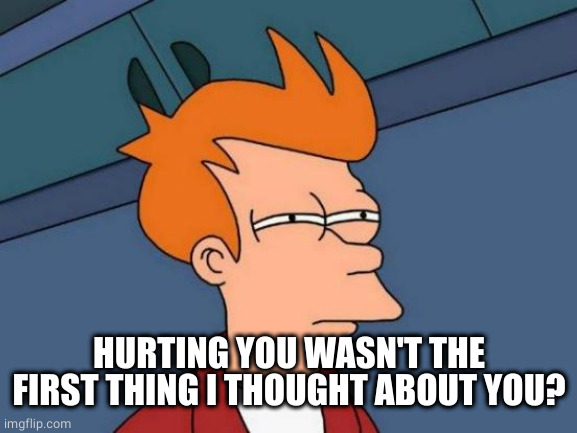 Futurama Fry Meme | HURTING YOU WASN'T THE FIRST THING I THOUGHT ABOUT YOU? | image tagged in memes,futurama fry | made w/ Imgflip meme maker