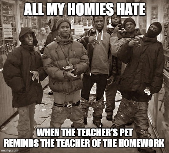 roll in attack squad 7 | ALL MY HOMIES HATE; WHEN THE TEACHER'S PET REMINDS THE TEACHER OF THE HOMEWORK | image tagged in all my homies hate | made w/ Imgflip meme maker