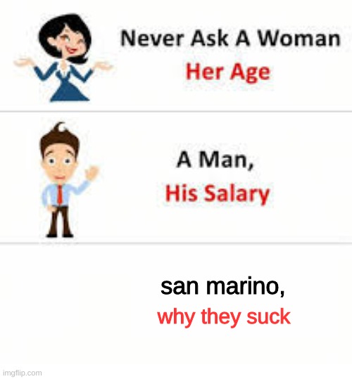 Never ask a woman her age | san marino, why they suck | image tagged in never ask a woman her age | made w/ Imgflip meme maker