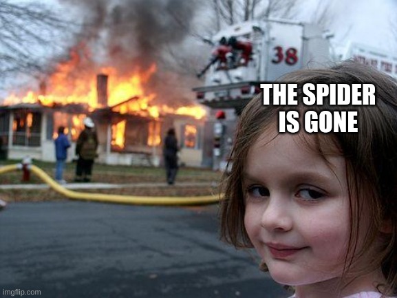 Disaster Girl | THE SPIDER IS GONE | image tagged in memes,disaster girl | made w/ Imgflip meme maker