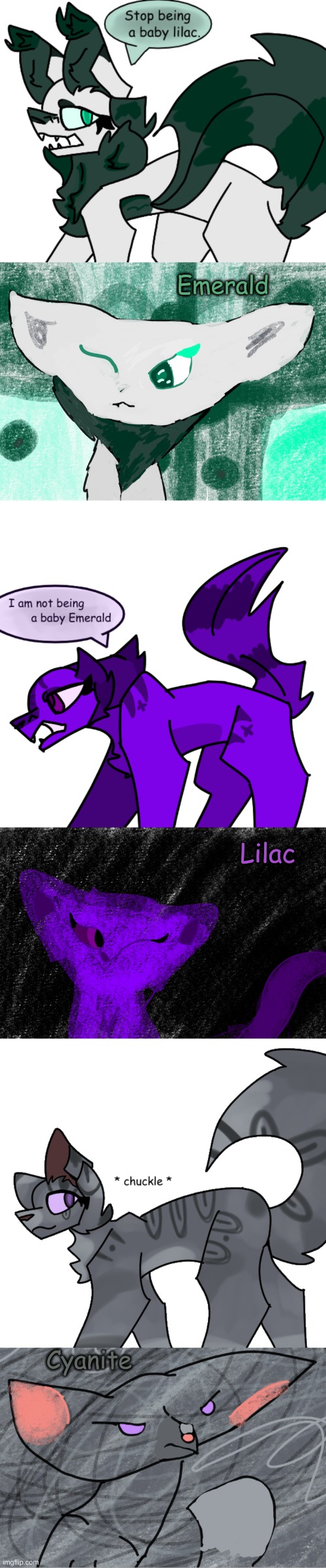 I was redrawing some pics i made, And i suddenly had an idea to make all of them siblings! So here ya go. [new redraws soon] | Emerald; Lilac; Cyanite | made w/ Imgflip meme maker