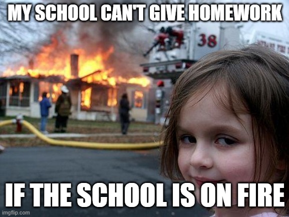 Disaster Girl | MY SCHOOL CAN'T GIVE HOMEWORK; IF THE SCHOOL IS ON FIRE | image tagged in memes,disaster girl | made w/ Imgflip meme maker