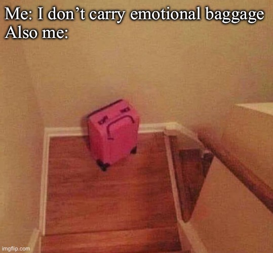 Emotional baggage | Me: I don’t carry emotional baggage
Also me: | image tagged in me and also me,baggage,bag,emotional | made w/ Imgflip meme maker