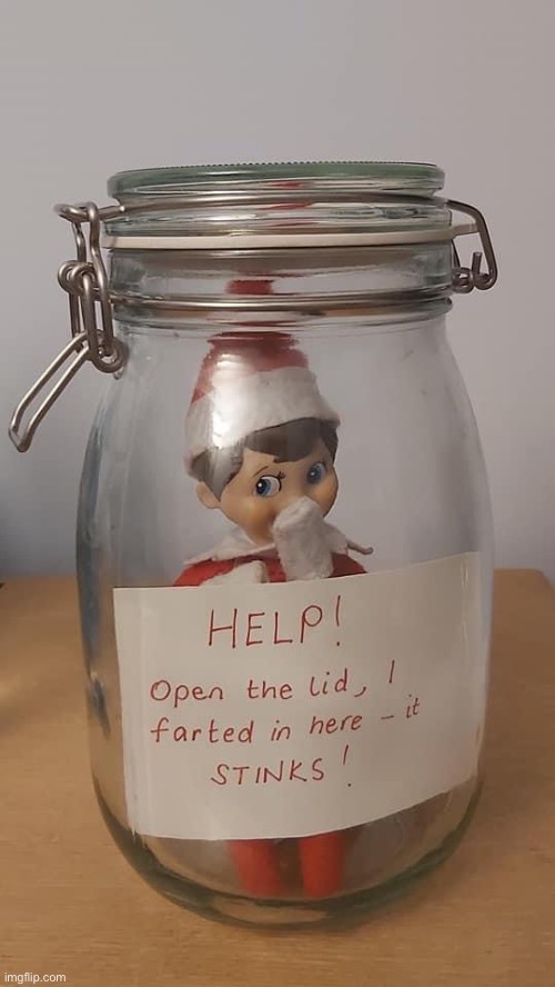 Elf in a jar | image tagged in farts,elf on the shelf,stink | made w/ Imgflip meme maker