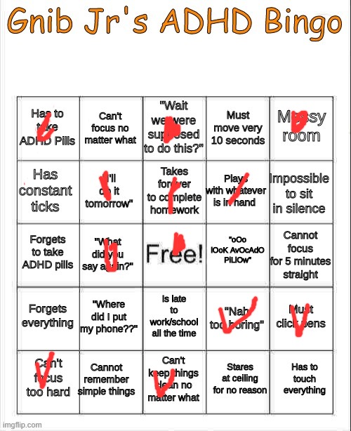 Thought I'd make one since I've never done it before | image tagged in gnib jrs adhd bing,adhd bingo,bingo,this is a tag,this is also a tag | made w/ Imgflip meme maker