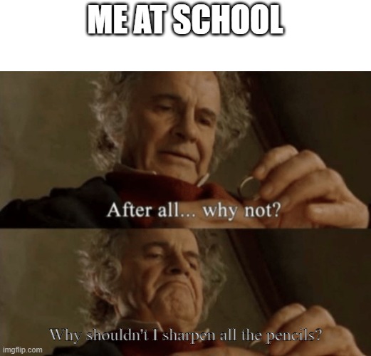 do you guys relate? | ME AT SCHOOL; Why shouldn't I sharpen all the pencils? | image tagged in after all why not | made w/ Imgflip meme maker