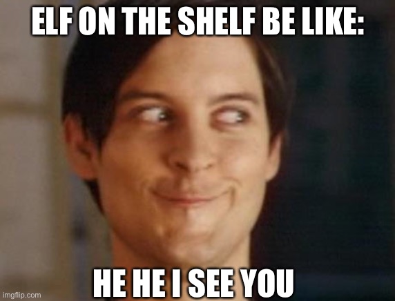 Spiderman Peter Parker |  ELF ON THE SHELF BE LIKE:; HE HE I SEE YOU | image tagged in memes,spiderman peter parker | made w/ Imgflip meme maker