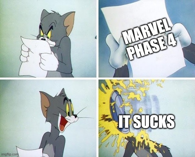 Only a few were good. | MARVEL PHASE 4; IT SUCKS | image tagged in tom and jerry custard pie,memes,marvel cinematic universe,marvel,funny | made w/ Imgflip meme maker