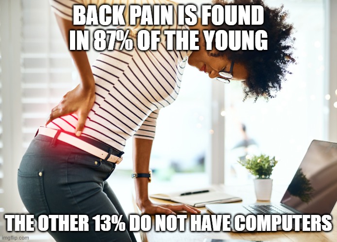 Lower back pain | BACK PAIN IS FOUND IN 87% OF THE YOUNG; THE OTHER 13% DO NOT HAVE COMPUTERS | image tagged in lower back pain | made w/ Imgflip meme maker