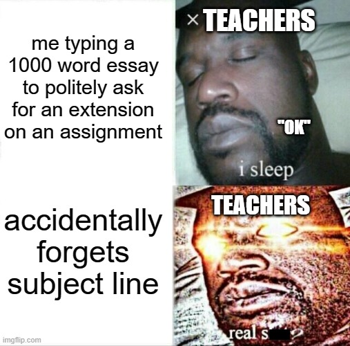 or when you address them by 'hey' | me typing a 1000 word essay to politely ask for an extension on an assignment; TEACHERS; "OK"; accidentally forgets subject line; TEACHERS | image tagged in memes,sleeping shaq,teachers,email,school,school memes | made w/ Imgflip meme maker