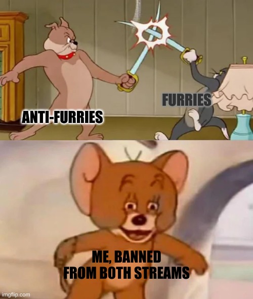 They are both kinda weird in their own ways. Also first stream to unban me gets me. | FURRIES; ANTI-FURRIES; ME, BANNED FROM BOTH STREAMS | image tagged in tom and spike fighting,memes,gifs,funny | made w/ Imgflip meme maker