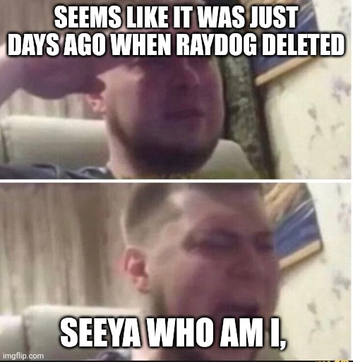 Crying salute | SEEMS LIKE IT WAS JUST DAYS AGO WHEN RAYDOG DELETED; SEEYA WHO AM I, | image tagged in crying salute | made w/ Imgflip meme maker