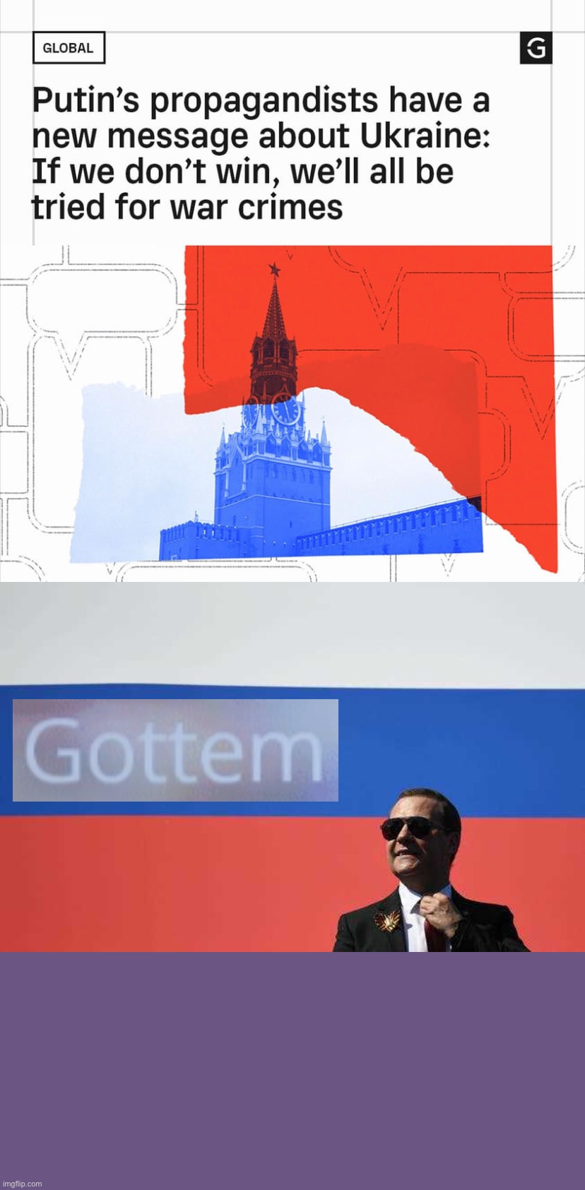 New Russian propaganda just dropped | image tagged in new kremlin propaganda,cool medvedev with russian flag,war crimes,war criminal,ive committed various war crimes,russia | made w/ Imgflip meme maker