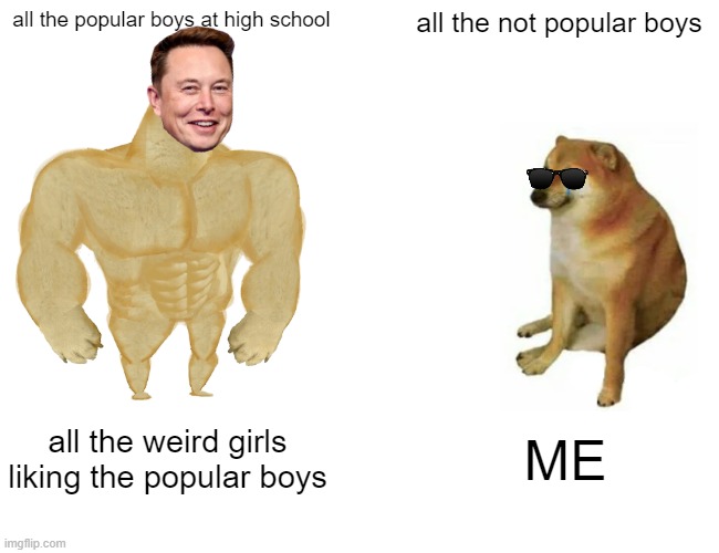 Boys | all the popular boys at high school; all the not popular boys; all the weird girls liking the popular boys; ME | image tagged in memes,buff doge vs cheems | made w/ Imgflip meme maker