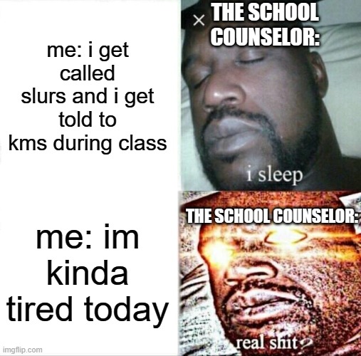 i'll explain in the comments because the story is kinda funny | THE SCHOOL COUNSELOR:; me: i get called slurs and i get told to kms during class; THE SCHOOL COUNSELOR:; me: im kinda tired today | image tagged in memes,sleeping shaq | made w/ Imgflip meme maker