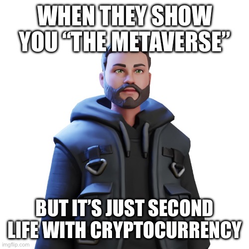 Unimpressed metaverse guy | WHEN THEY SHOW YOU “THE METAVERSE”; BUT IT’S JUST SECOND LIFE WITH CRYPTOCURRENCY | image tagged in unimpressed metaverse guy,metaverse | made w/ Imgflip meme maker