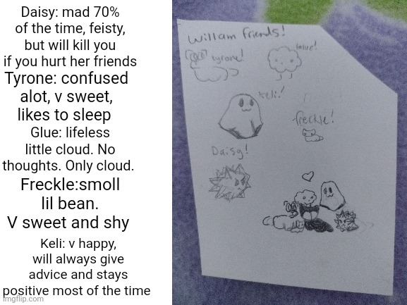 I made Willam some friends!! I might draw them as humans later | Daisy: mad 70% of the time, feisty, but will kill you if you hurt her friends; Tyrone: confused alot, v sweet, likes to sleep; Glue: lifeless little cloud. No thoughts. Only cloud. Freckle:smoll lil bean. V sweet and shy; Keli: v happy, will always give advice and stays positive most of the time | image tagged in aww | made w/ Imgflip meme maker