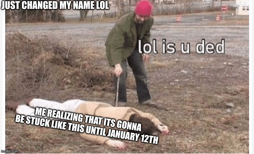 haha i want to die | JUST CHANGED MY NAME LOL; ME REALIZING THAT ITS GONNA BE STUCK LIKE THIS UNTIL JANUARY 12TH | image tagged in lol is u ded | made w/ Imgflip meme maker