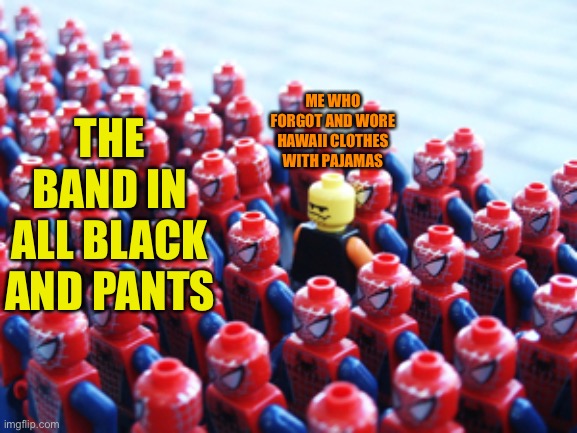 Odd One Out | ME WHO FORGOT AND WORE HAWAII CLOTHES WITH PAJAMAS; THE BAND IN ALL BLACK AND PANTS | image tagged in odd one out | made w/ Imgflip meme maker
