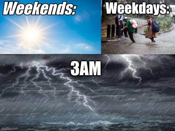 RAIN BE LIKE | Weekdays:; Weekends:; 3AM | image tagged in funny,rain | made w/ Imgflip meme maker