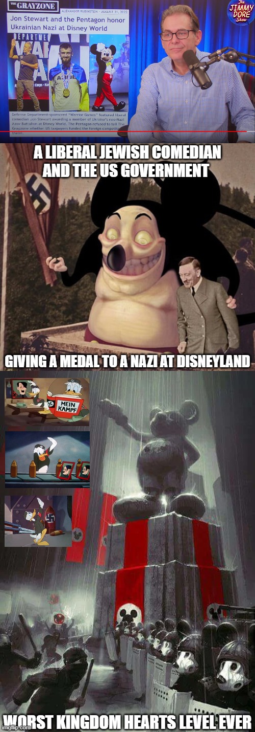 Was this a 2020 Onion Article/News Headline? No, it's true! Obviously I'm condemning it, some ppl don't get satire. | A LIBERAL JEWISH COMEDIAN AND THE US GOVERNMENT; GIVING A MEDAL TO A NAZI AT DISNEYLAND; WORST KINGDOM HEARTS LEVEL EVER | made w/ Imgflip meme maker