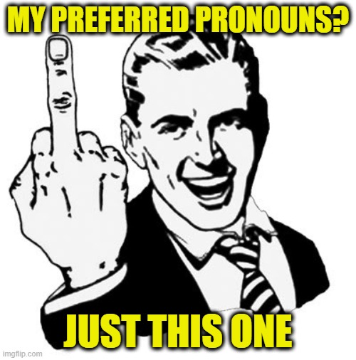 It's Simple, Really | MY PREFERRED PRONOUNS? JUST THIS ONE | image tagged in 1950s middle finger,preferred pronouns | made w/ Imgflip meme maker