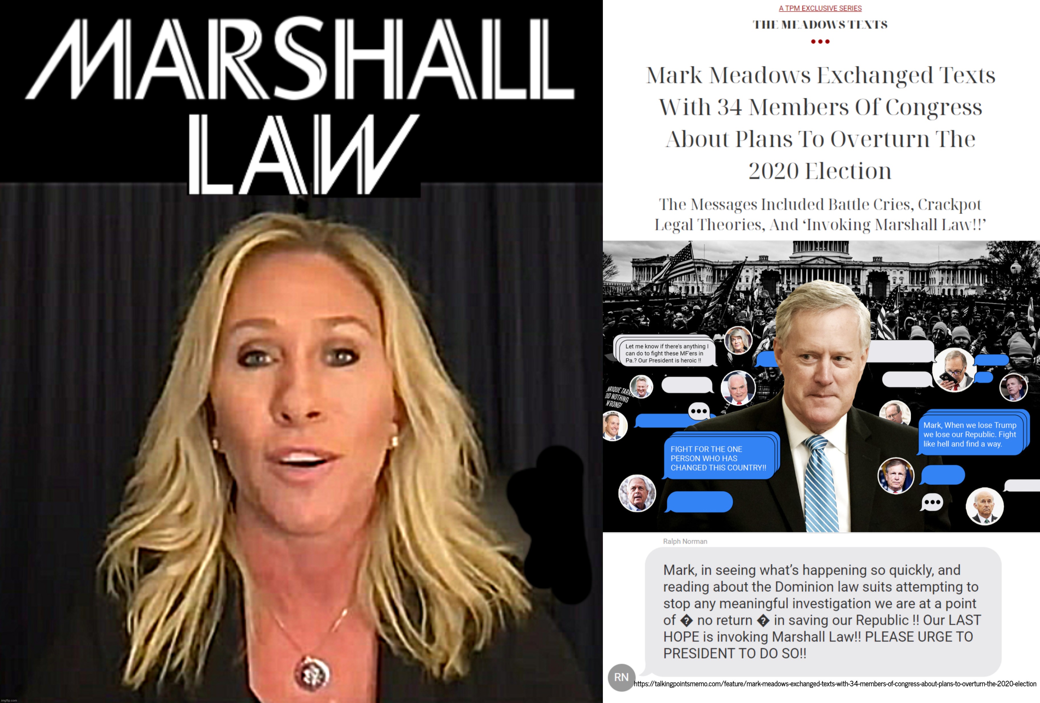 LOCK ALL THE THINGS UP! | https://talkingpointsmemo.com/feature/mark-meadows-exchanged-texts-with-34-members-of-congress-about-plans-to-overturn-the-2020-election | image tagged in marshall,law,morons,martial law,you,idiots | made w/ Imgflip meme maker